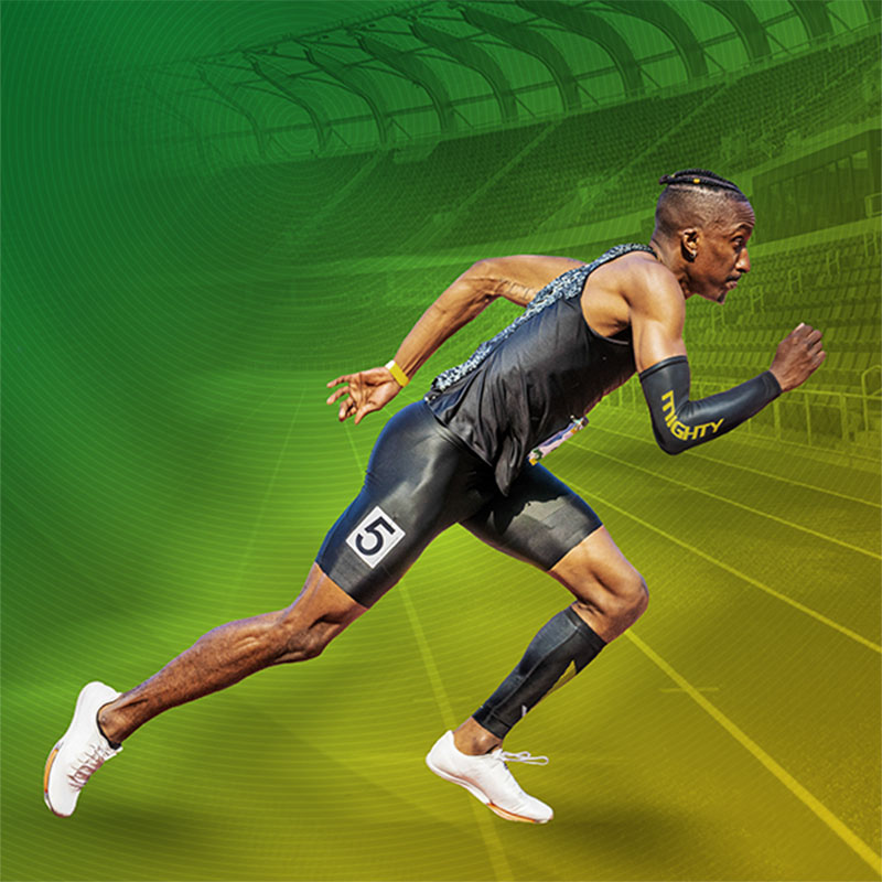 A sprinter from the University of Oregon superimposed against a background of a running track